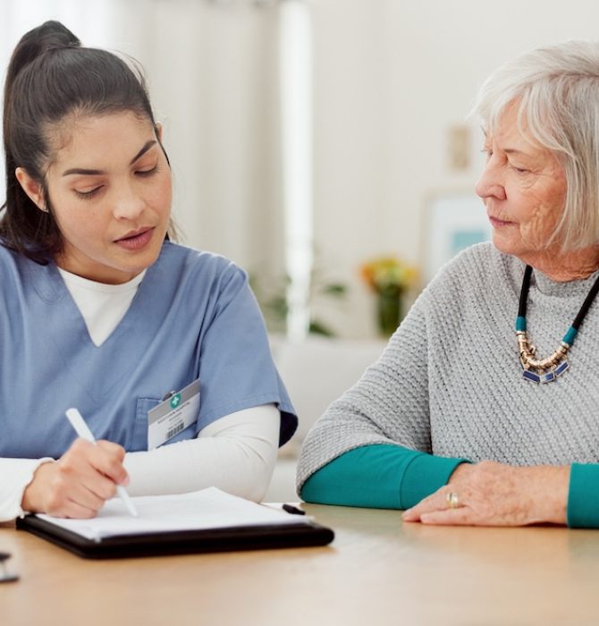 Nurse, documents and senior woman consulting, healthcare information and insurance checklist, charts and home advice. Medical doctor, elderly patient or people talking of retirement nursing paperwork